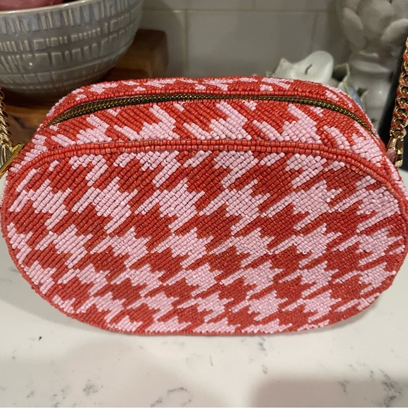 David Jeffery Red and Pink Houndstooth  Beaded Bag Purse - Picture 2 of 4